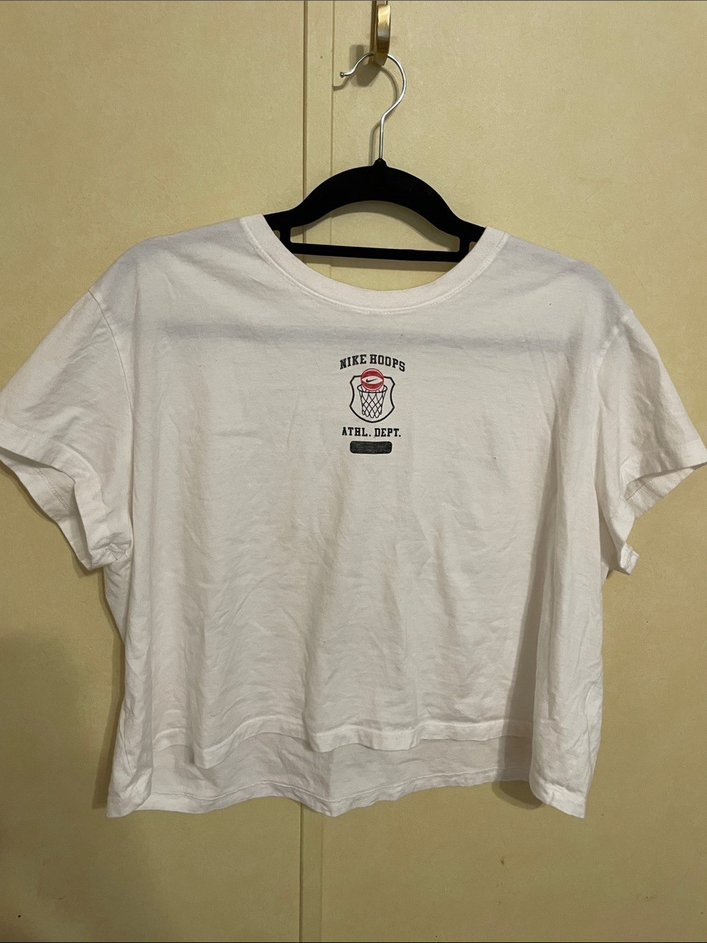 Nike White Graphic Crop Tee with Small Hoop Logo